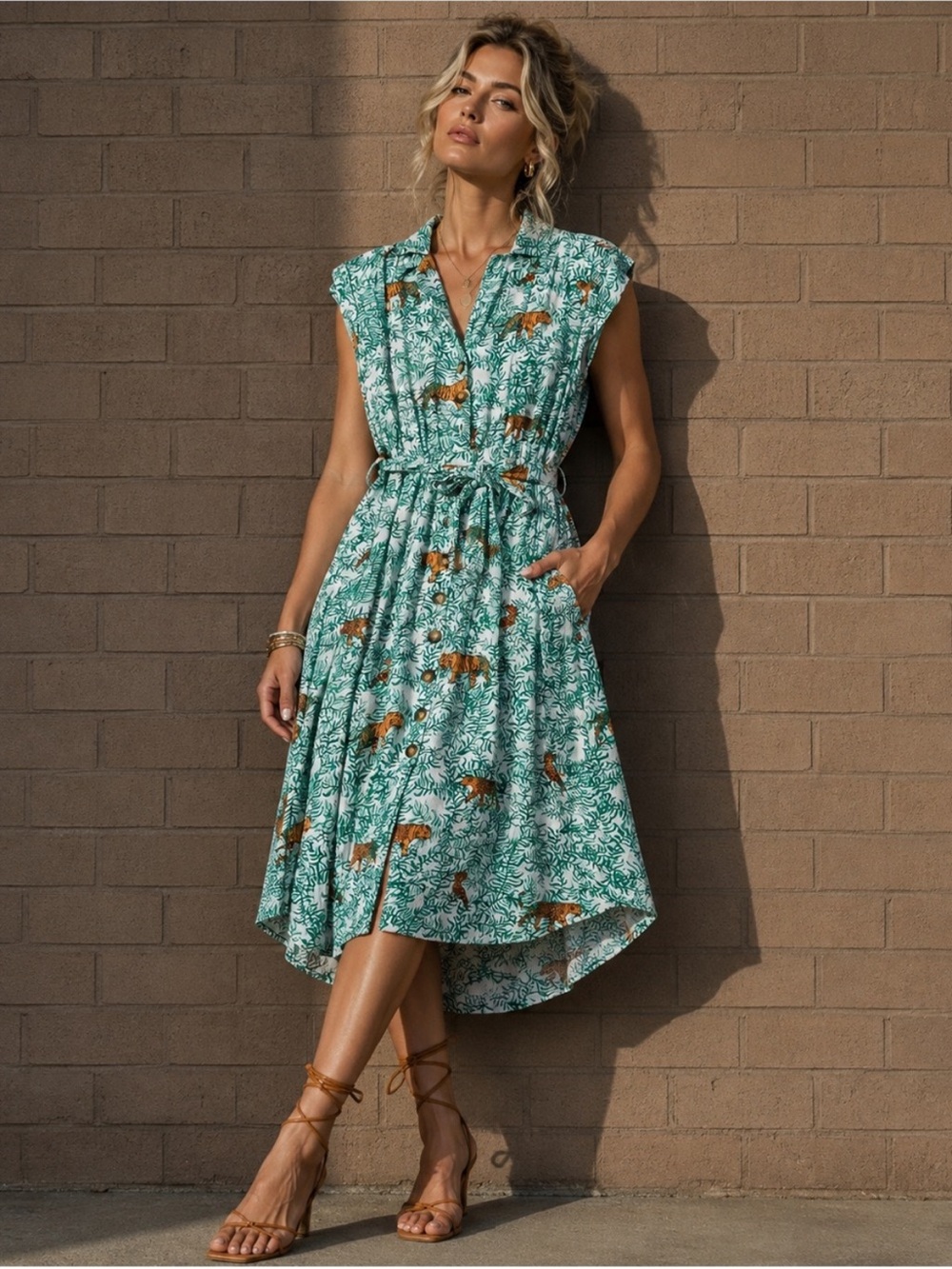 NWOT Maeve Sleeveless Green Tiger-Print Tie-Waist Shirt Dress Sz 6 B137
